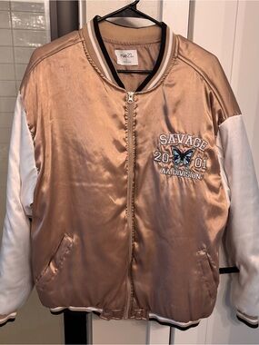 rue21 Satin Bomber Jacket - Rose Gold/White